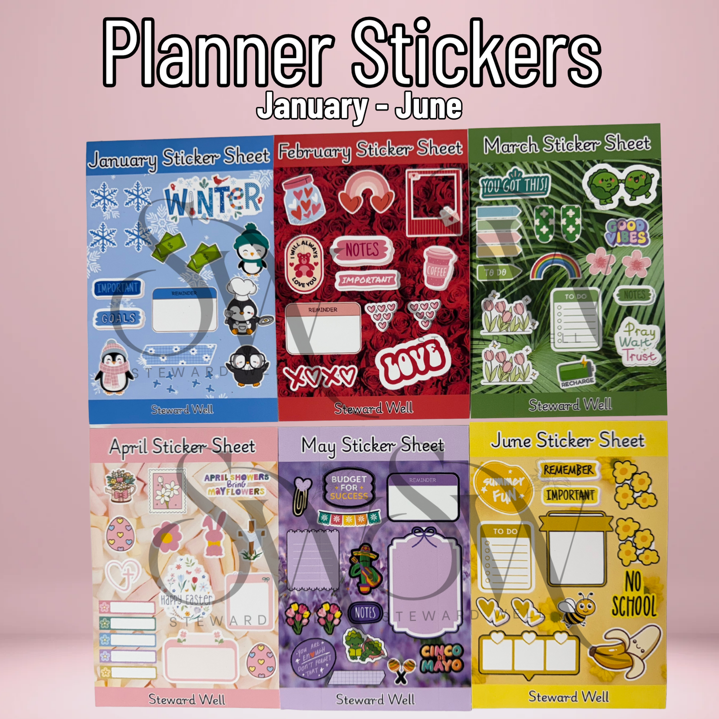 January through June Planner Stickers (6.25 x 4.2)